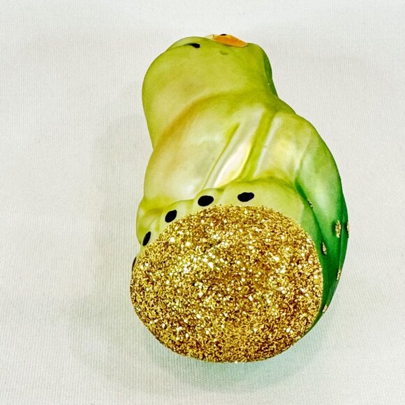 Vintage Blown Glass Frowning Green Frog Gold Glitter Spots Christmas Ornament 3" - Picture 6 of 6